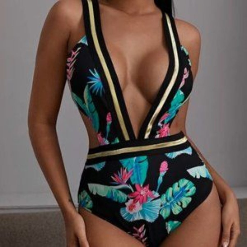 Tropical One Piece Sexy Cut Out Swimsuit